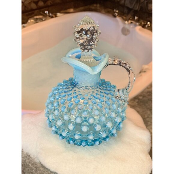 Vntg Fenton English Hobnail Blue Opalescent Glass Cruet With Stopper Spa Decor - Picture 9 of 9